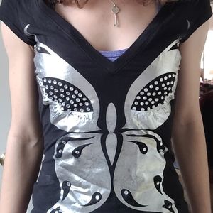 Bebe butterfly foil Swarovski crystal v neck  XS